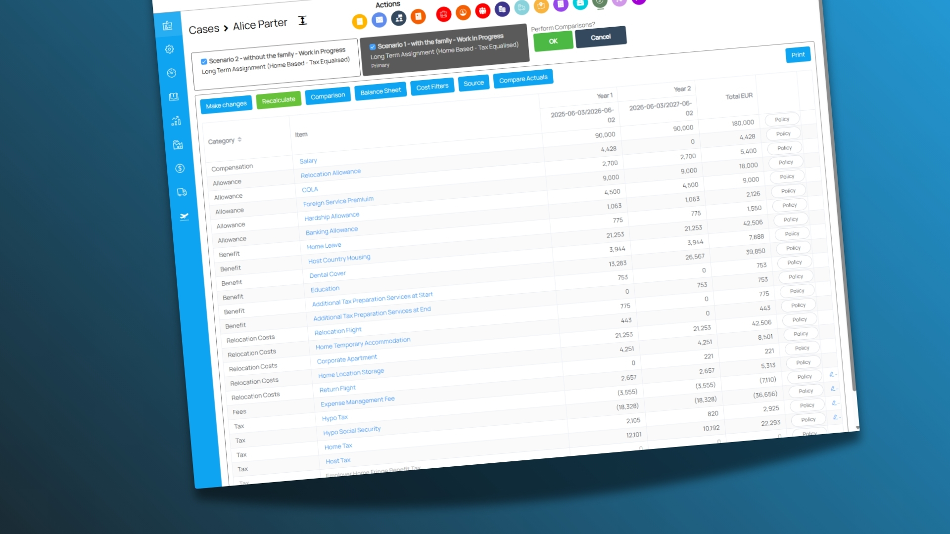 mai-world automated cost estimate and balance sheet comparison tool